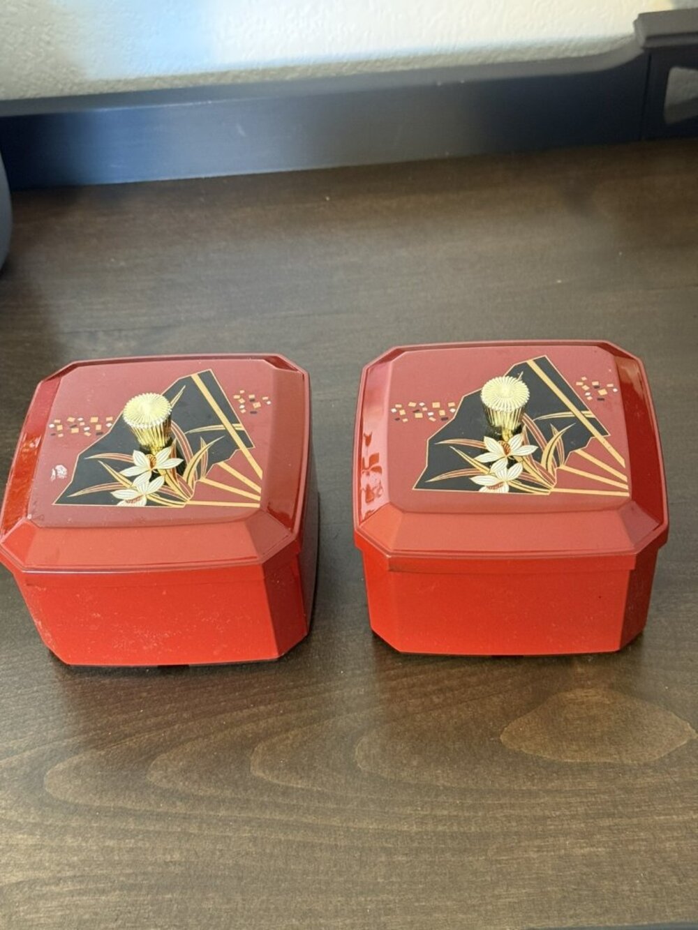 Japanese Red Lacquer Senbei Or Candy Box Gold Maki-e Style Vintage Set Of 2